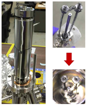 (왼쪽) 산소 원자 이온빔 발생 장치, (오른쪽) 텅스텐 필라멘트와 텅스텐 미세관