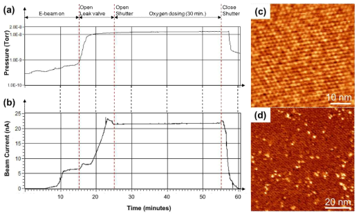 산소 원자 발생 중 (a) 산소 분압 변화 그래프 및 (b) 산소 원자 빔 전류 변화 그래프. (c, d) 산소를 뿌리기 전, 후의 그래핀 표면의 주사터널현미경 사진