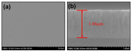 . LiNiPO4 박막의 표면사진(a)과 단면사진(b)