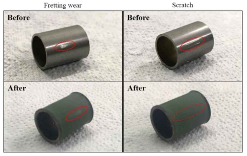 Schematic views of scratch trace and worn area before and after the high temperature steam oxidation tests