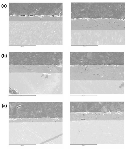 NBV에 따른 Cr합금 코팅막 단면사진 :(a)200V, (b)300V, (c)400V