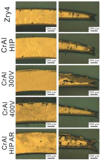파열부 중앙 높이에서의 Zry-4 및 제조 조건 별 사고저항성 피복관의 단면 광학현미경 관찰상