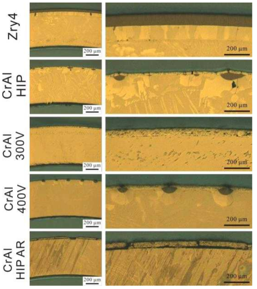 파열부 중앙에서 50 mm 밖 영역에서의 Zry-4 및 제조 조건 별 사고저항성 피복관의 단면 광학현미경 관찰상