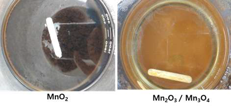 Photos of products from the conversion of MnO4- into an oxide form using N2H4