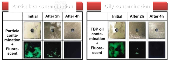 Decontamination performance for particulate and oily contaminated specimens