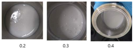 Photos of the products obtained from the mineralization tests with mass ratios (0.2~0.4) of Ca(OH)2 over purified water