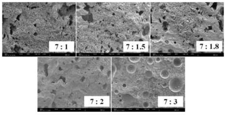 SEM images of sintered bodies at 1,100℃ in the system of SiO2 – B2O3 with a change of ratio of B2O3 to SiO2