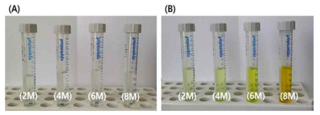 Picture of concrete waste powder solution dissolved by (A) HNO3, and (B) HCl