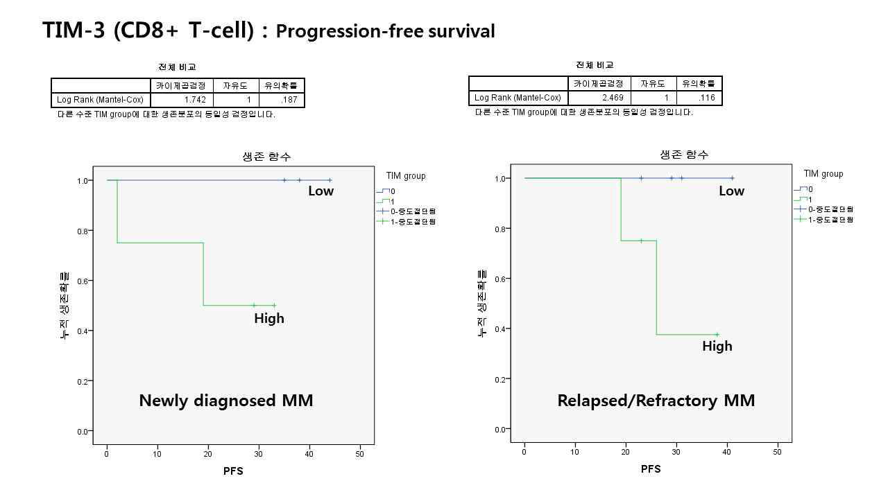 골수미세환경의 CD8+ T-cell에서 Tim-3 발현에 따른 생존분석