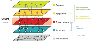 질환 모델에서 전사체 정보에 반영되는 다양한 오믹스 상태의 변화
