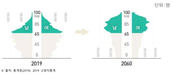 2019년(좌) 및 2060년(우) 인구피라미드 전망