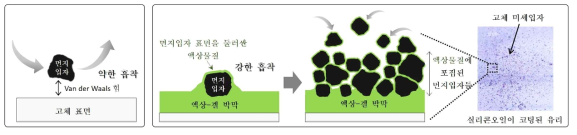 고체-고체 간 약한 흡착(왼쪽)과 고체-액체 간 강한 흡착(오른쪽). 고체-액체 간 강한 흡착을 바탕으로 한 액상-겔 박막의 효과적인 미세먼지 포집 모식도와 실리콘오일 막에 포집된 고체 미세입자 사진(오른쪽)