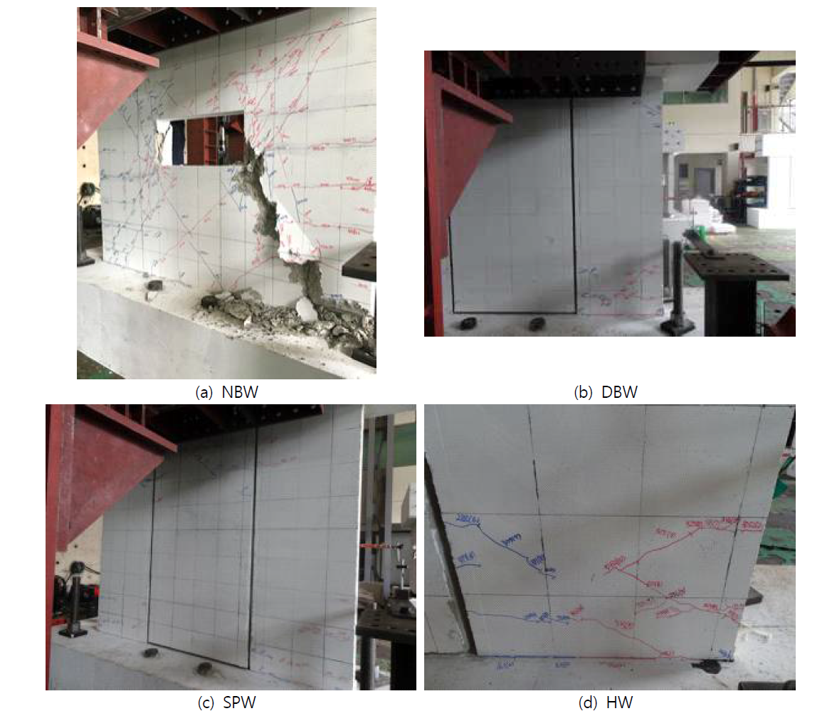 층간변위 0.5%일 때 NBW, DBW, SPW, HW의 균열 양상