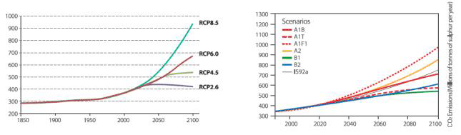 RCP 시나리오의 온실가스 농도변화 비교 출처:https://www.climate.go.kr