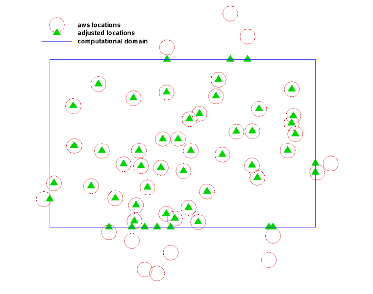 모델링 오차 분석을 위한 기상입력자료 적용 위치(서울전역, 53개소): AWS 위치(적색원), 모델링 적용위치(녹색 삼각형)