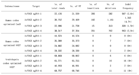 Cas9, hMAD7 혹은 AtMAD7에 의한 AtPDS3의 indel 돌연변이 양상과 효율