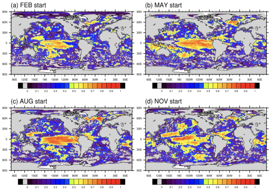 가이아 지구시스템 모형을 이용한 기후 과거예측 성능. 6개월 후 해수면 온도 예측 결과와 UK Metoffice 의 EN4와의 상관도 (한국연구재단, 2015)