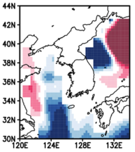 1989년에 대하여 KIOST 지구시스템 모형에 의해 예측된 겨울철 평균 해수면온도 편차
