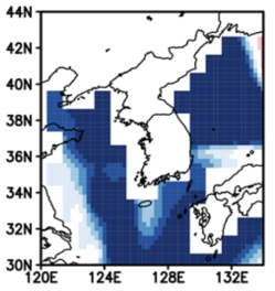 2000년에 대하여 KIOST 지구시스템 모형에 의해 예측된 겨울철 평균 해수면온도 편차