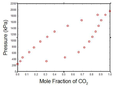 252.95K 등온에서 CO2-C3에 대한 PXY 실험데이타