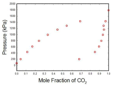 250.00K 등온에서 CO2-IC4에 대한 PXY 실험데이타