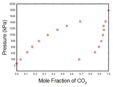 250.00K 등온에서 CO2-nC4에 대한 PXY 실험데이타