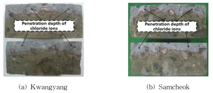 NT BUILD 492에 의한 염화물 침투깊이 측정