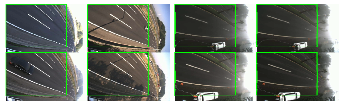 안개가 없는 지역과 안개가 있는 지역에서 촬영된 도로 영상