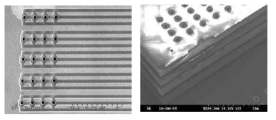 SEM images of an array of microchannels and TSFVs and SEM images of four-die stacks that contain electrical and fluidic I/Os and TSVs