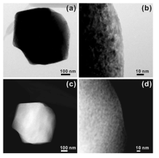 90% 충전된 NCA소재의 particle (a), (c) 전체, (b), (d) 표면에서의 bright field image 및 STEM-HAADF image