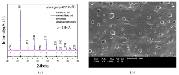 LSCF1982의 (a) XRD 결과 및 (b) 소결체 파단면의 SEM이미지
