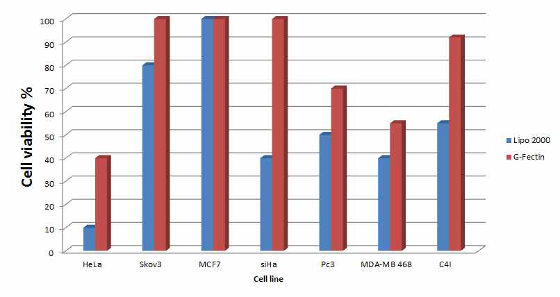 서로 다른 cell line에서 Transfection reagent의 cytotoxicity 비교