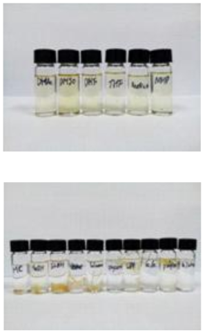 상온에서의 고분자 solubility 실험 (위) soluble chemicals, (아래) insoluble chemicals