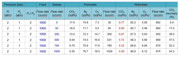 1,000 sccm의 주입부 유속일 경우, 투과부와 배출부의 혼합기체 조성