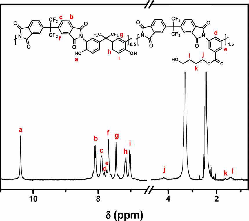 전형적인 graft형태의 co폴리이미드 HPIBG-15의 1H NMR (DMSO-d6, 300 MHz) spectrum