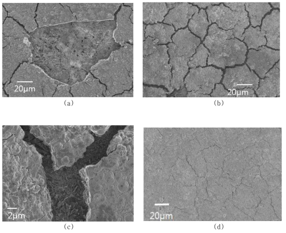 HR- SEM observation :The oxidation may have taken place through the defects such as spallations (a) and the crack lines (b,c) during heating. Repeating the EB-PVD could reduce the width of crack lines (d)