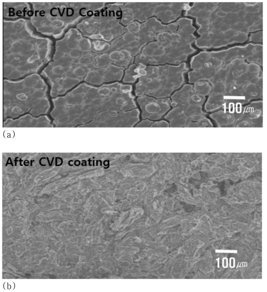 SEM micrographs of SiC coating surfaces by CVD shows crystals having well developed facets and grain boundarie (a) and the crack lines are almost completely filled (b)