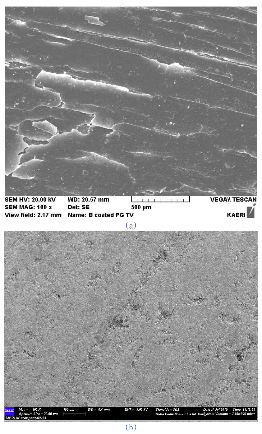 As-coated 상태의 주사전자현미경 관찰 결과 (top-view): (a) PG, (b) IG-110