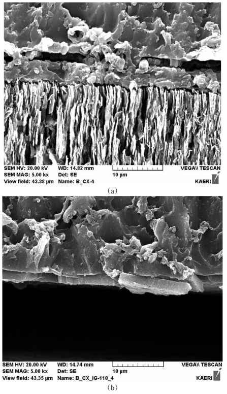 As-coated 상태의 주사전자현미경 관찰 결과 (cross-sectional): (a) PG, (b) IG-110