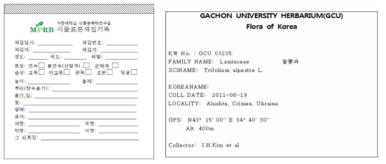 채집수첩과 표본지 라벨