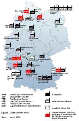 독일 원전 및 연구로 현황(2014년 3월말 기준)