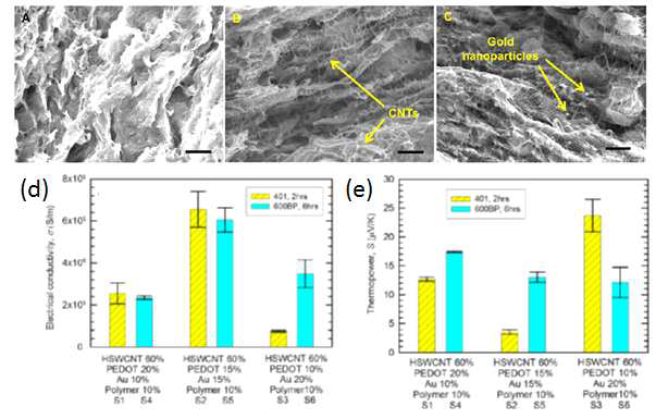 탄소나노튜브와 PEDOT:PSS 또는 Au NP의 합성비의 조절을 통한 전기적 특성변화 분석