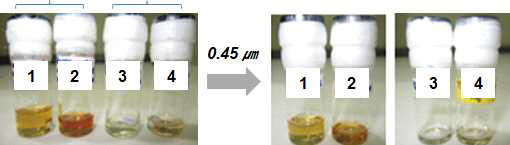도핑 용액의 색 변화 관찰: 도핑 반응을 통하여 1 [E(2)]의 연한 갈색의 용액이 2 [Doped E(2)]의 붉은 갈색으로; 3 (E-OA)의 투명한 용액이 4 (Doped E-OA)의 연한 갈색으로 변하는 것을 확인함