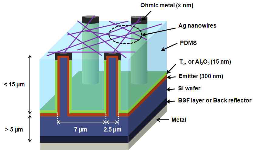 Ag nanobridge를 투명전극으로 사용한 실리콘 마이크로와이어 태양전지 모식도