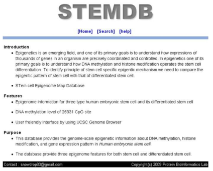 STEMDB (STem cell Epigenome Map DataBase)를 구축하여 인간 줄기세포 3종과 이로부터 분화된 세포 3종류에 대해서 유전자 발현량, DNA 메틸화, 그리고 히스톤변형 정보를 모아서 유전체 스케일로 제공함