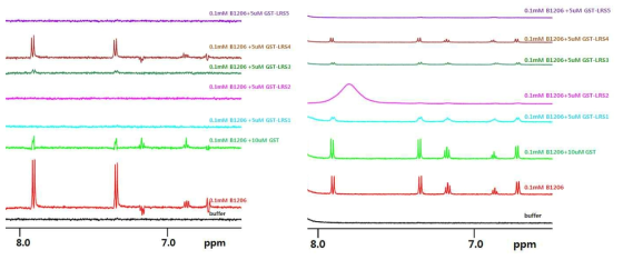 B1206의 LeuRS mutants 들에 대한 결합실험. (좌) 1D relaxation-edited 실험, (우)일반 1D NMR 실험
