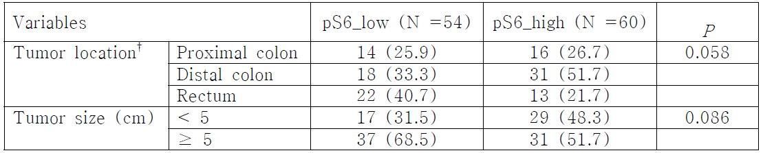 대장암 조직에서 pS6의 세포질내 발현과 Tumor location, Tumor size의 관계