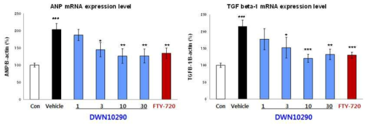 DWN10290 significantly inhibited TAC-induced overexpression of mRNA levels of TGF-β1 and ANP, a marker of hypertrophy from 3 mg/kg. N=8~10 per group, data are presented as mean±SEM. ### p<0.001 vs Control, *** p<0.001, ** p<0.01 and * p<0.05 vs Vehicle