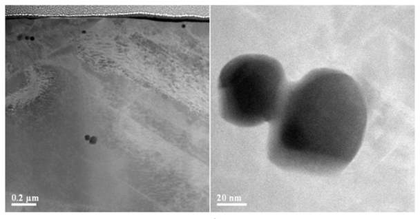 (a) Black spot defects under the SS316L surface, (b) 20-nm scale black spot defects on the 1-μm depth under the surface after 17-MeV proton irradiation with fluence 1016p/cm2