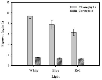 Pigment contents of N. gaditana from turbidostat cultivation at steady state under each light illumination